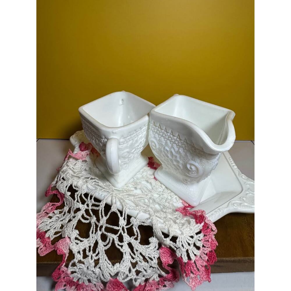 Vintage Milk Glass Creamer Sugar Bowl Tray Set